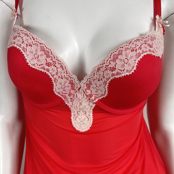 Victoria's Secret Red Padded Underwire 36C Babydoll Chemise Slip Dress Lace Trim - Picture 3 of 15